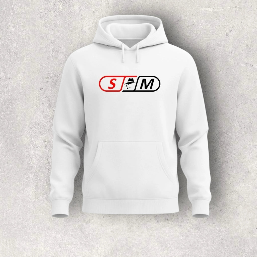 White hoodie with a skateboard logo on a gray background