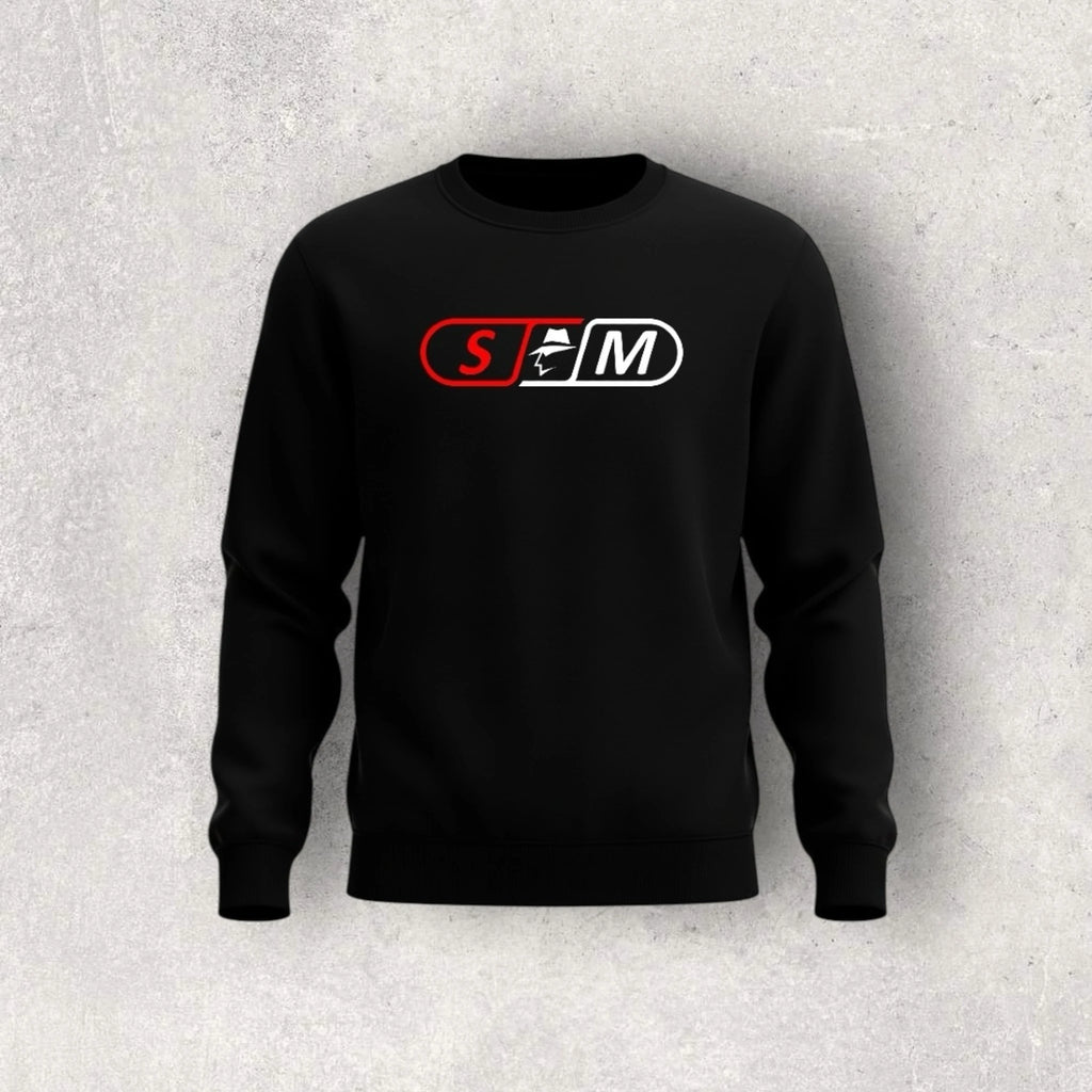 Black sweatshirt with a skateboard logo on a gray background