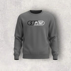 Gray sweatshirt with a skateboard logo on a textured gray background