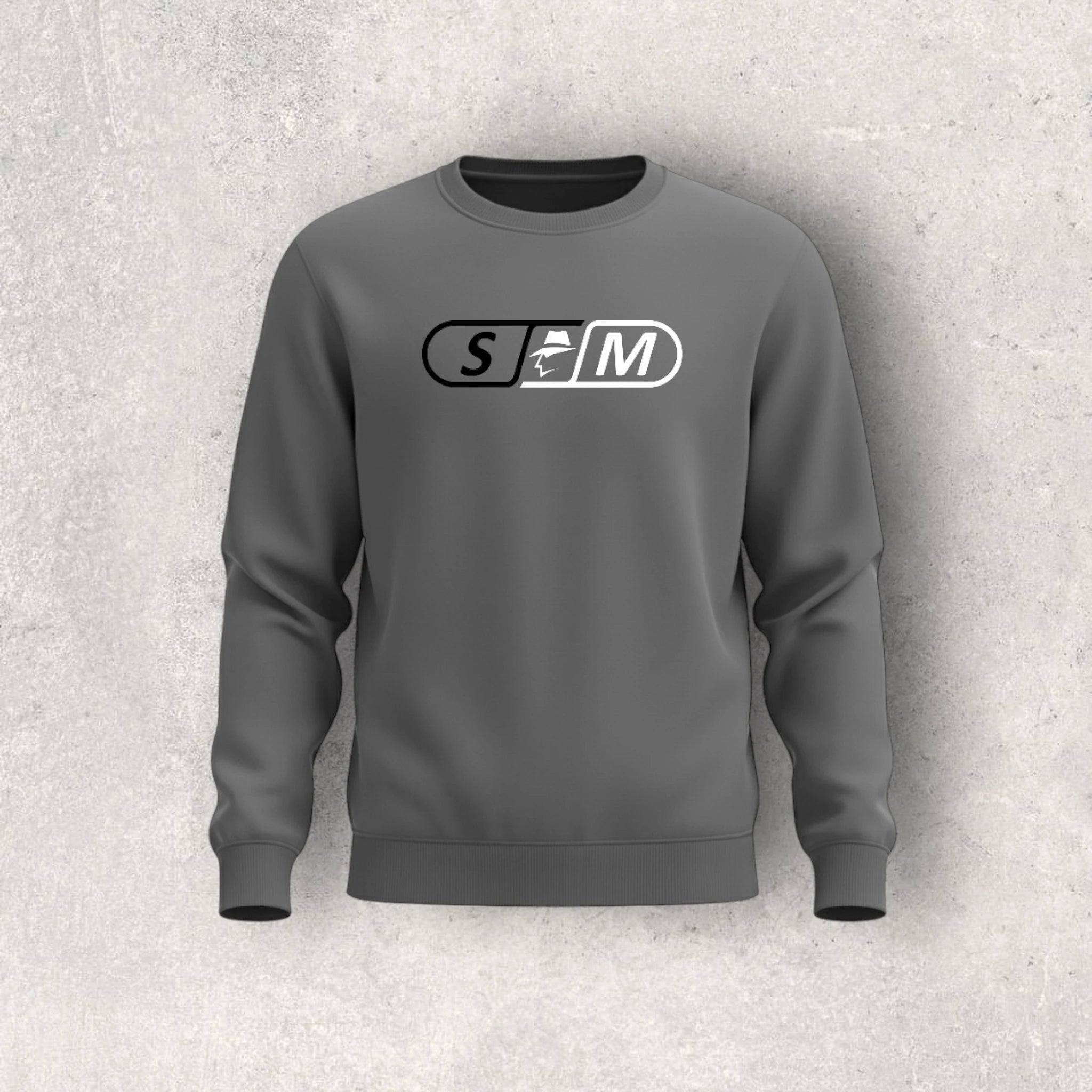 Gray sweatshirt with a skateboard logo on a textured gray background