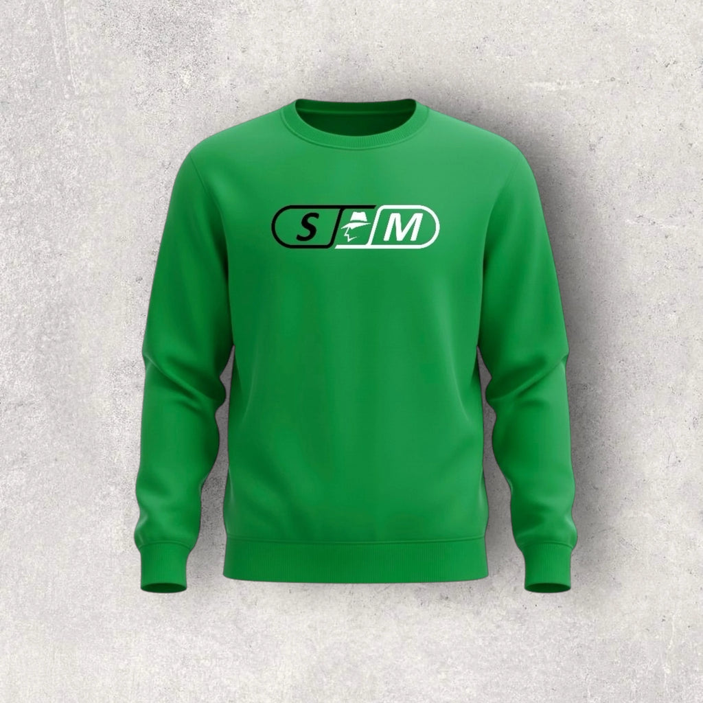 Green sweatshirt with a skateboard logo on a gray background