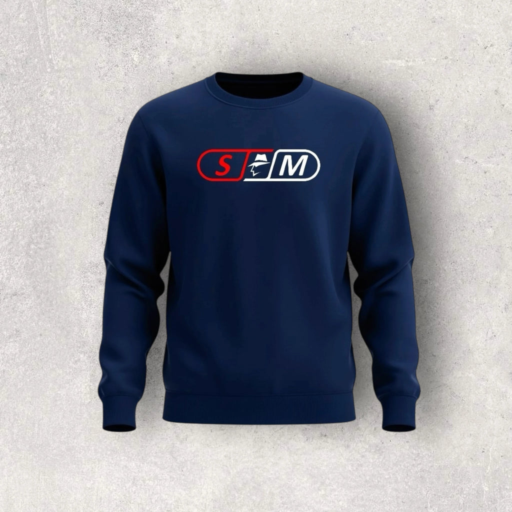 Navy blue sweatshirt with a skateboard logo on a gray textured background