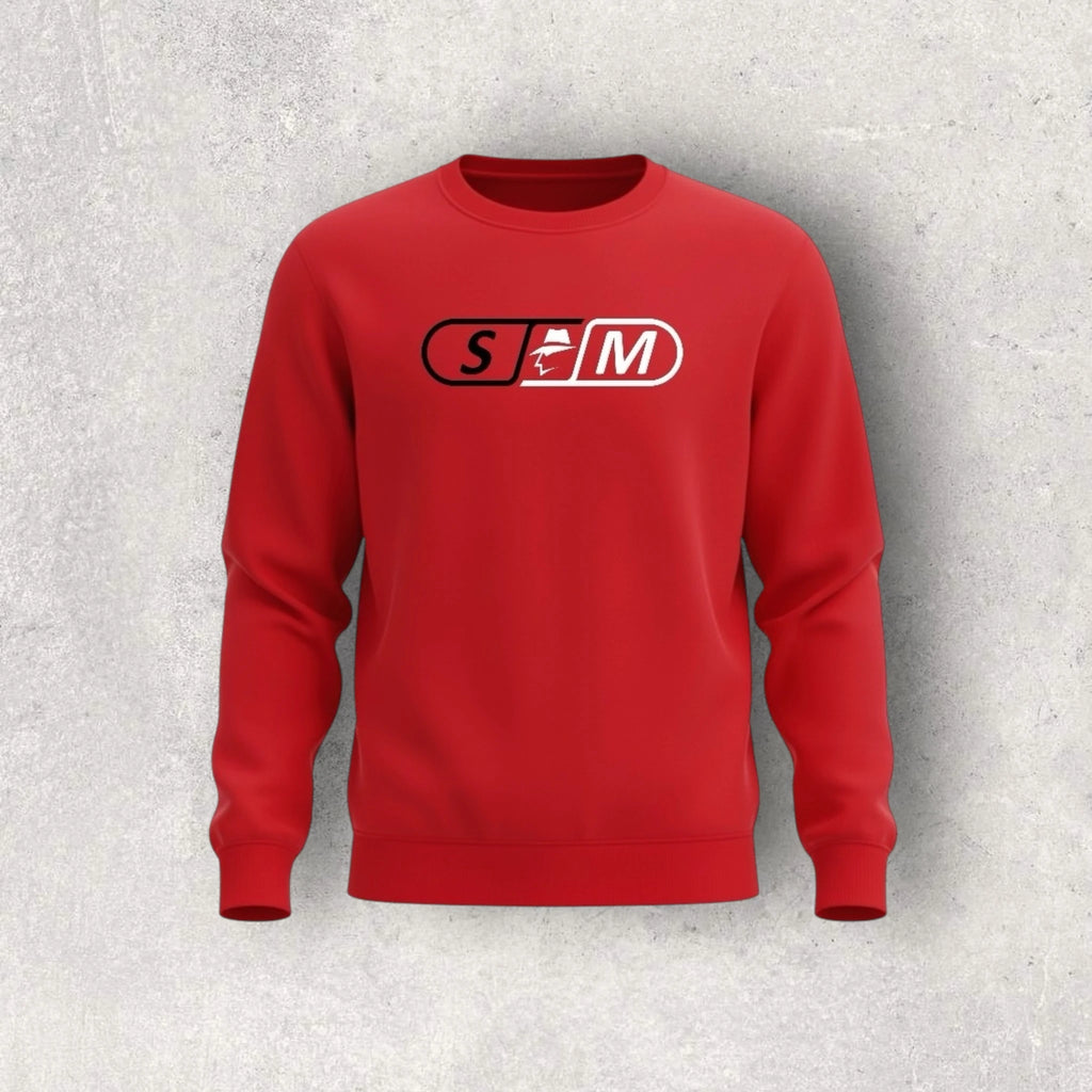 Red sweatshirt with a skateboard logo on a gray background