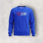 Blue sweatshirt with a skateboard logo on a textured gray background