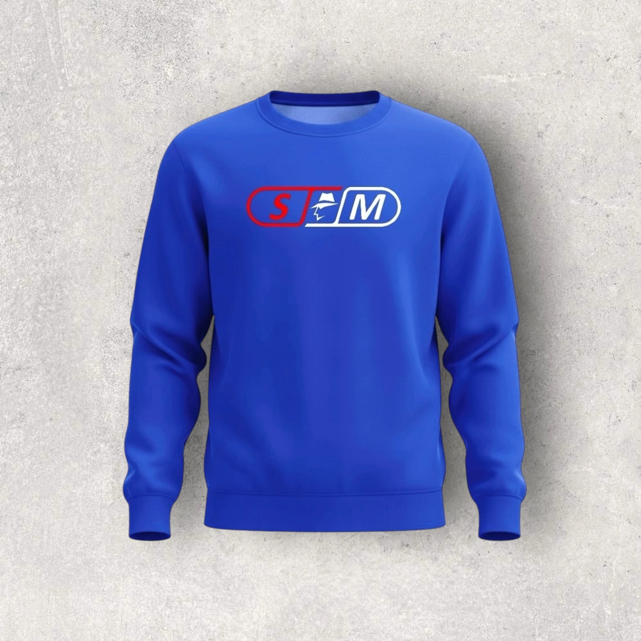 Blue sweatshirt with a skateboard logo on a textured gray background