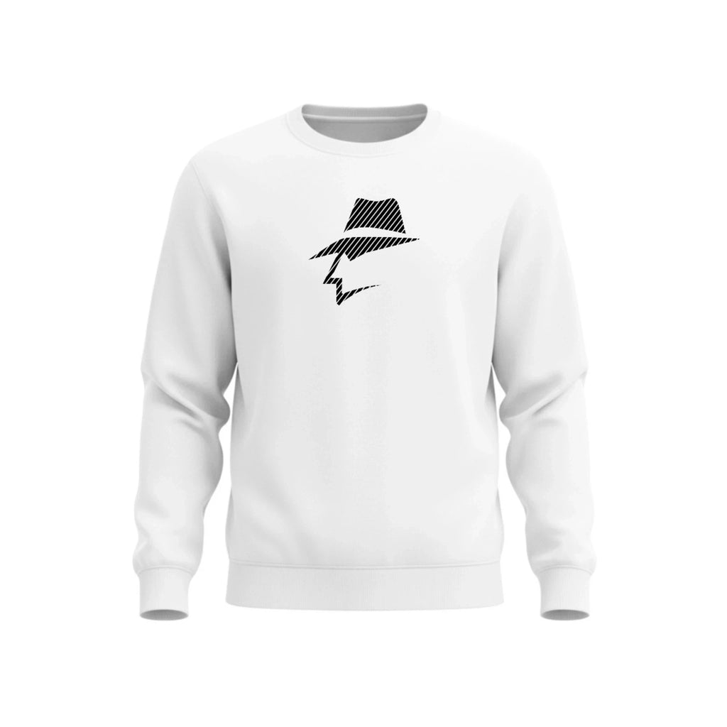 White sweatshirt with a black pinstripe design on a white background