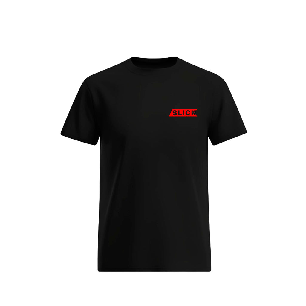 Black t-shirt with a red 'SLICK' logo on a white background