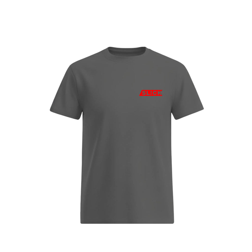 Charcoal Gray t-shirt with a 'SLICK' red logo on a white background