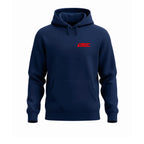 Navy blue hoodie with a red 'SLICK' logo on a white background
