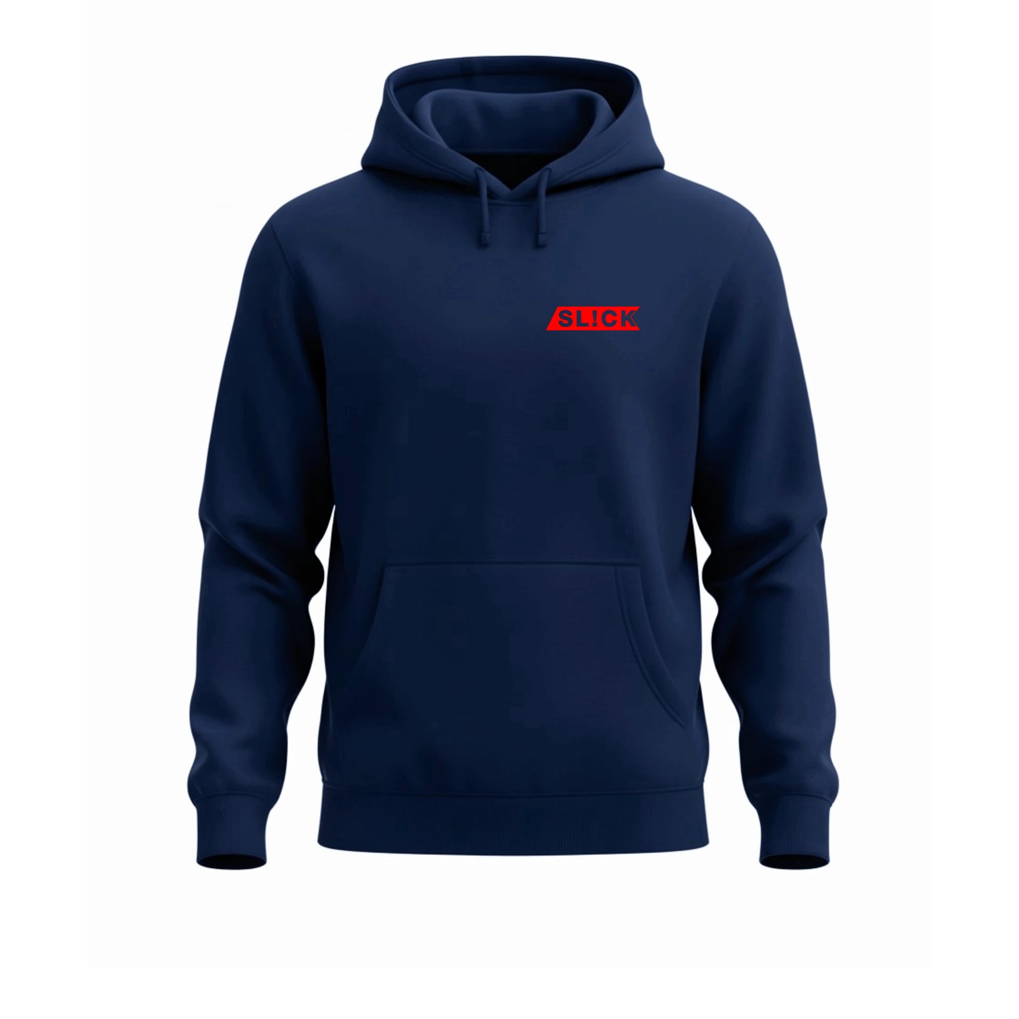 Navy blue hoodie with a red 'SLICK' logo on a white background