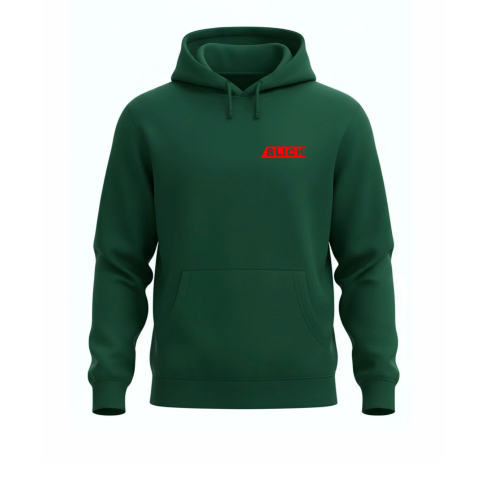 Green hoodie with a red 'SLICK' logo on a white background