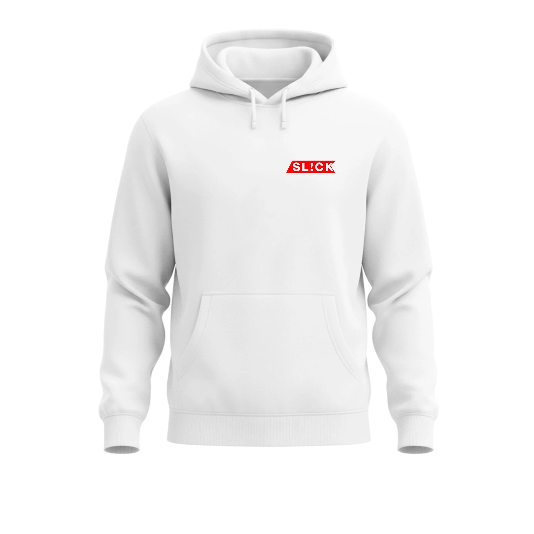 White hoodie with a red 'SLICK' logo on a white background