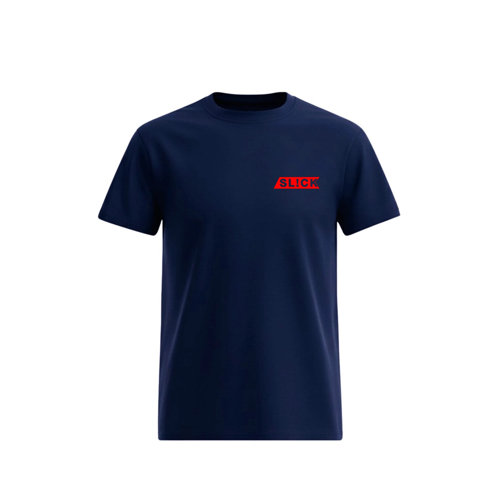 Navy blue t-shirt with a 'SLICK' red logo on a white background