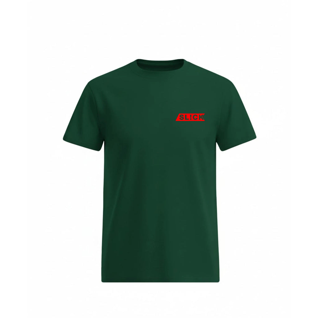 Royal Green t-shirt with a 'SLICK' red logo on a white background
