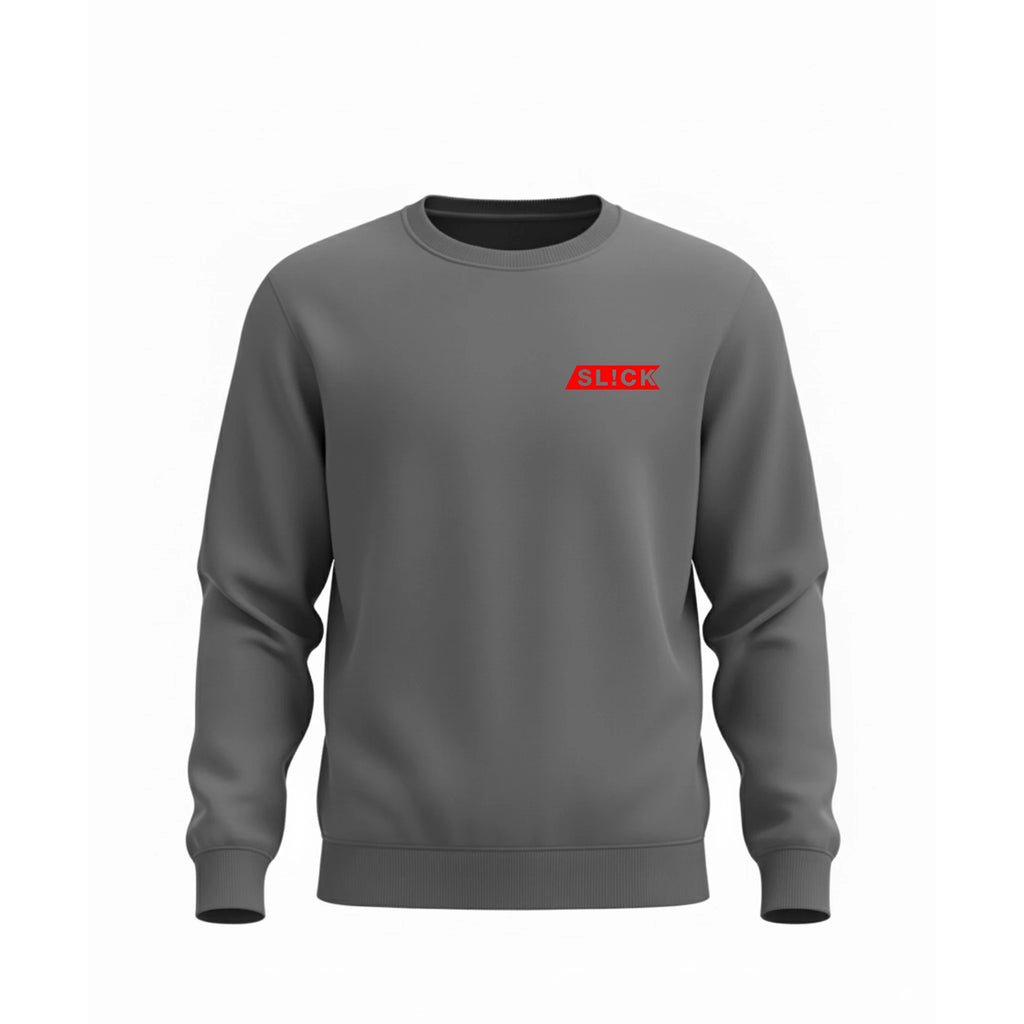 Gray sweatshirt with a red 'SLICK' logo on a white background