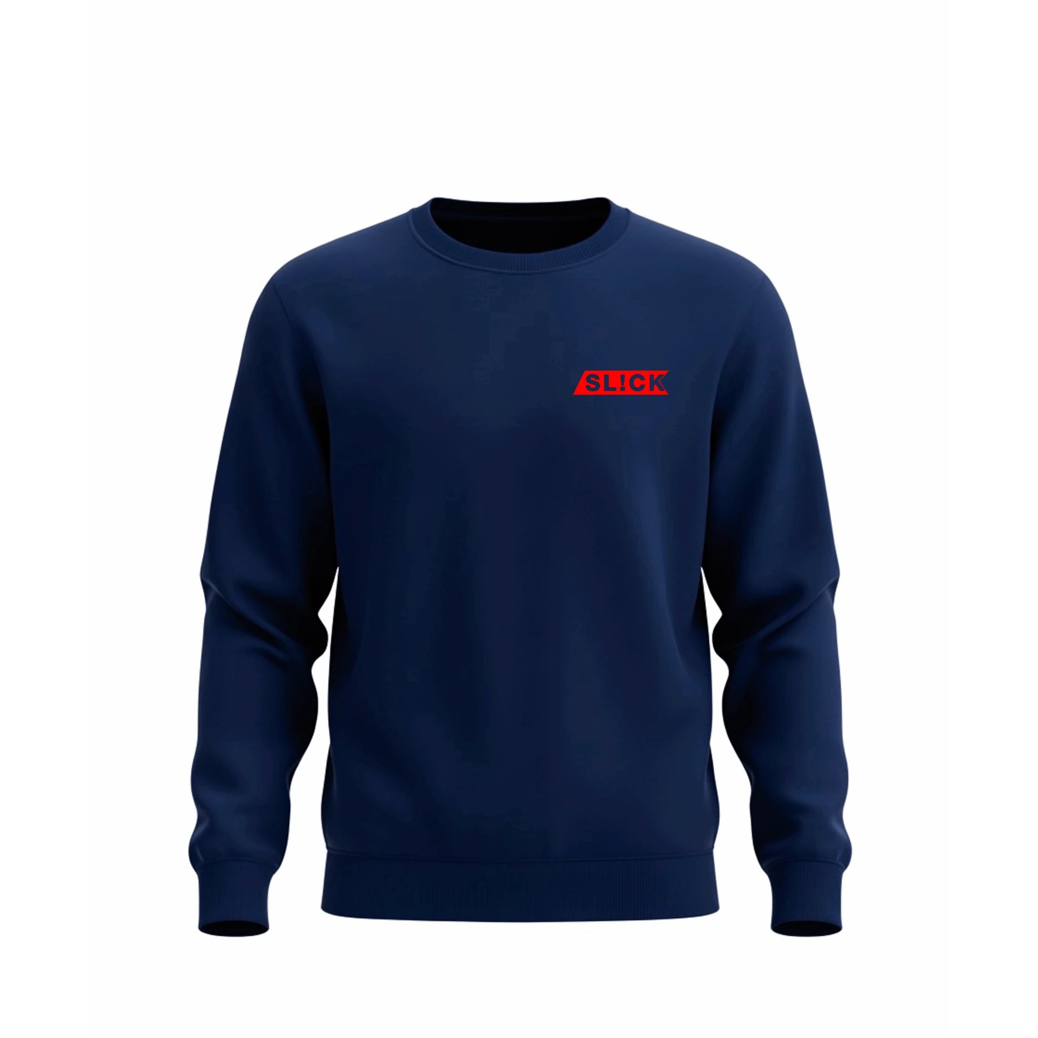 Navy blue sweatshirt with a red 'SLICK' logo on a white background