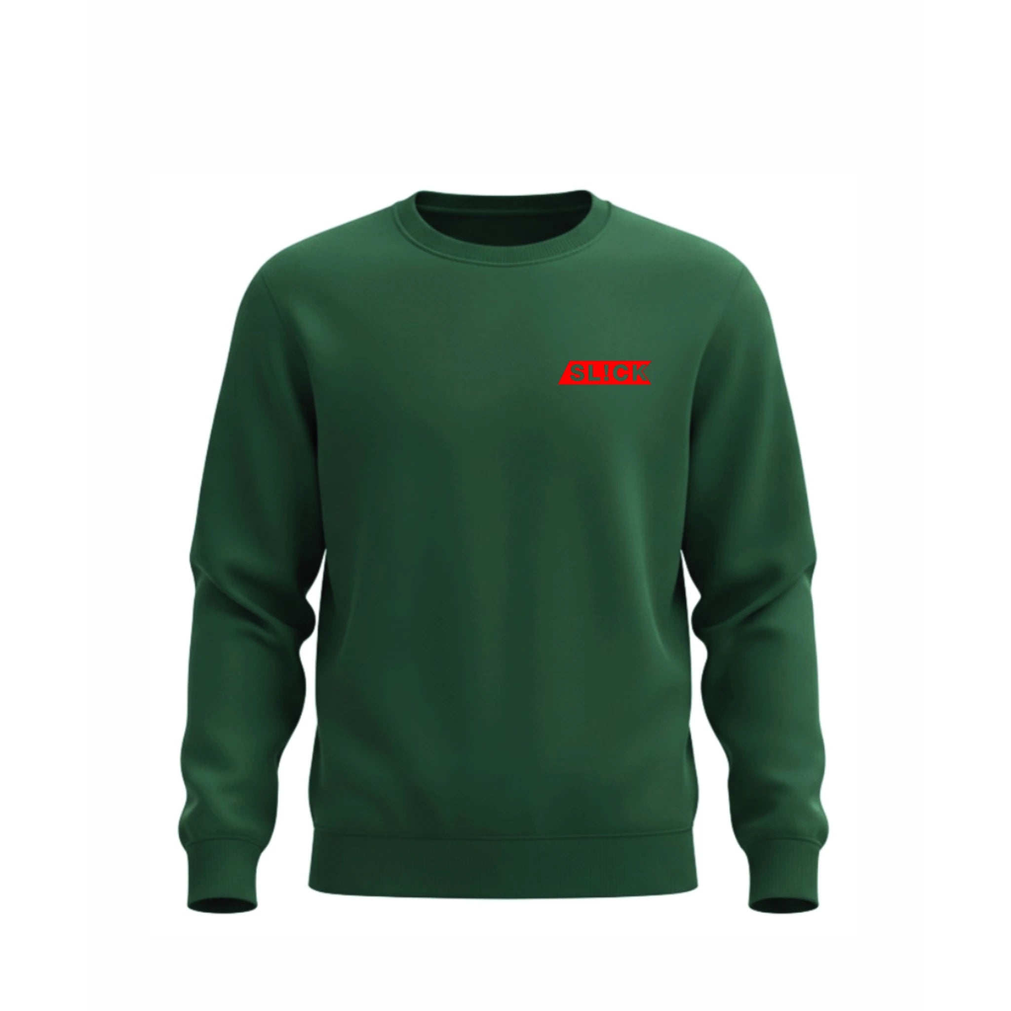 Royal Green sweatshirt with a red 'SLICK' logo on a white background
