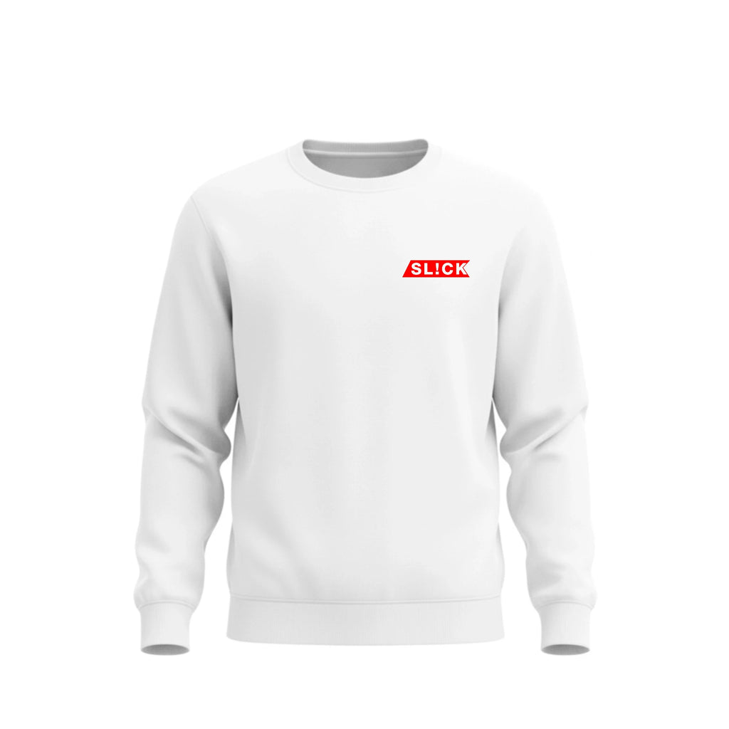 White sweatshirt with a red 'SLICK' logo on a white background