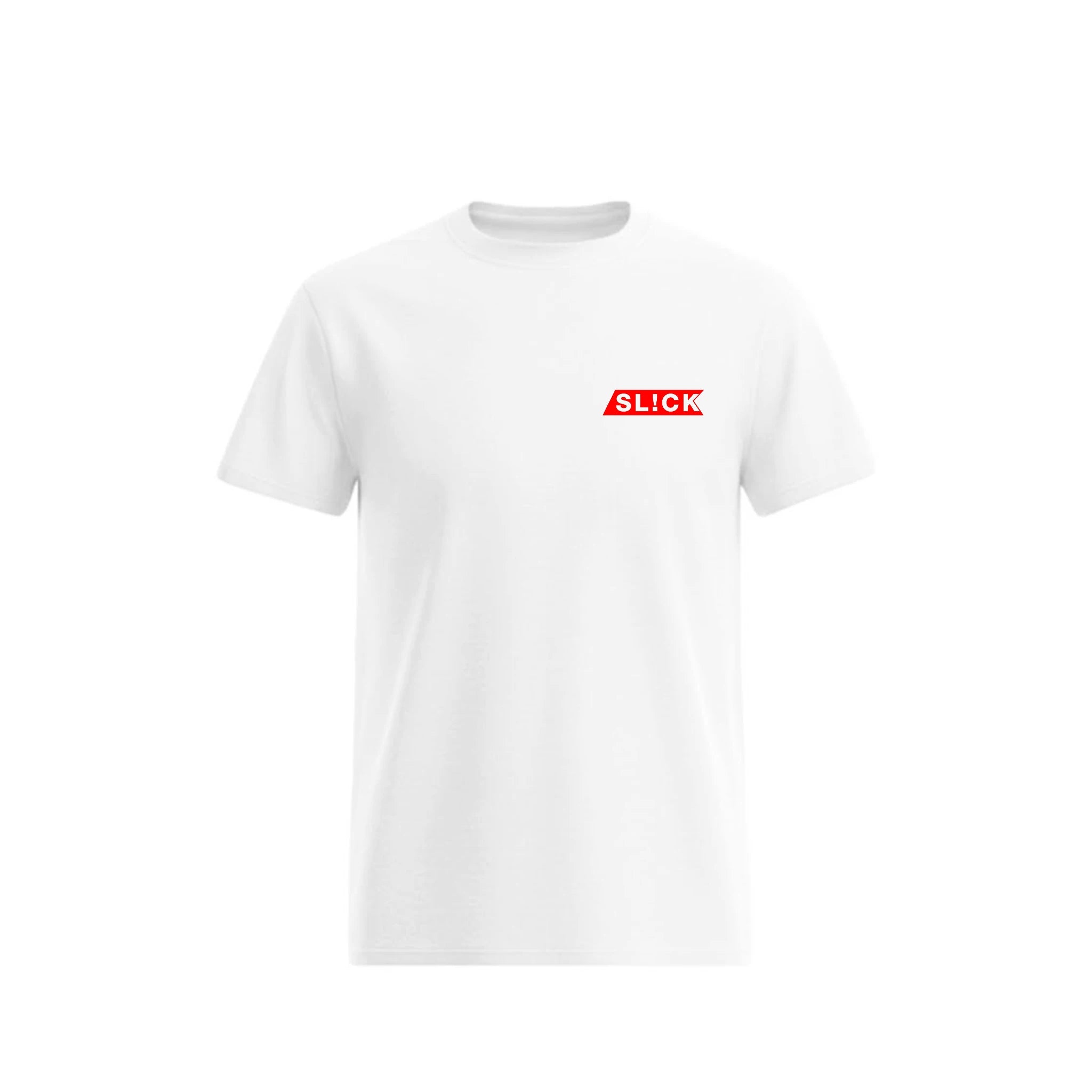 White t-shirt with a red 'SLICK' logo on a white background
