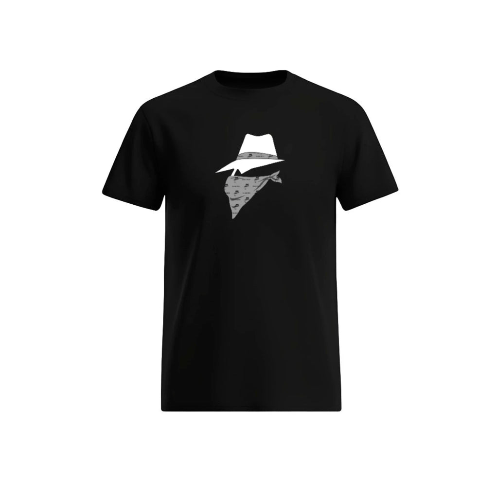 Black t-shirt with a bandit design on a white background