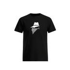 Black t-shirt with a bandit design on a white background