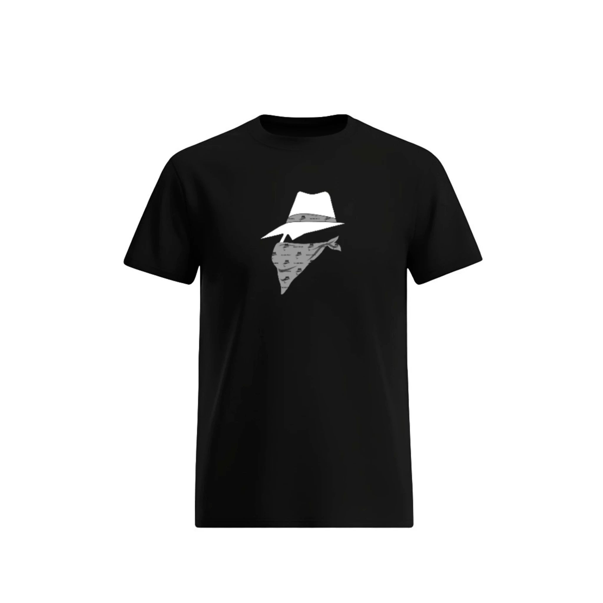 Black t-shirt with a bandit design on a white background
