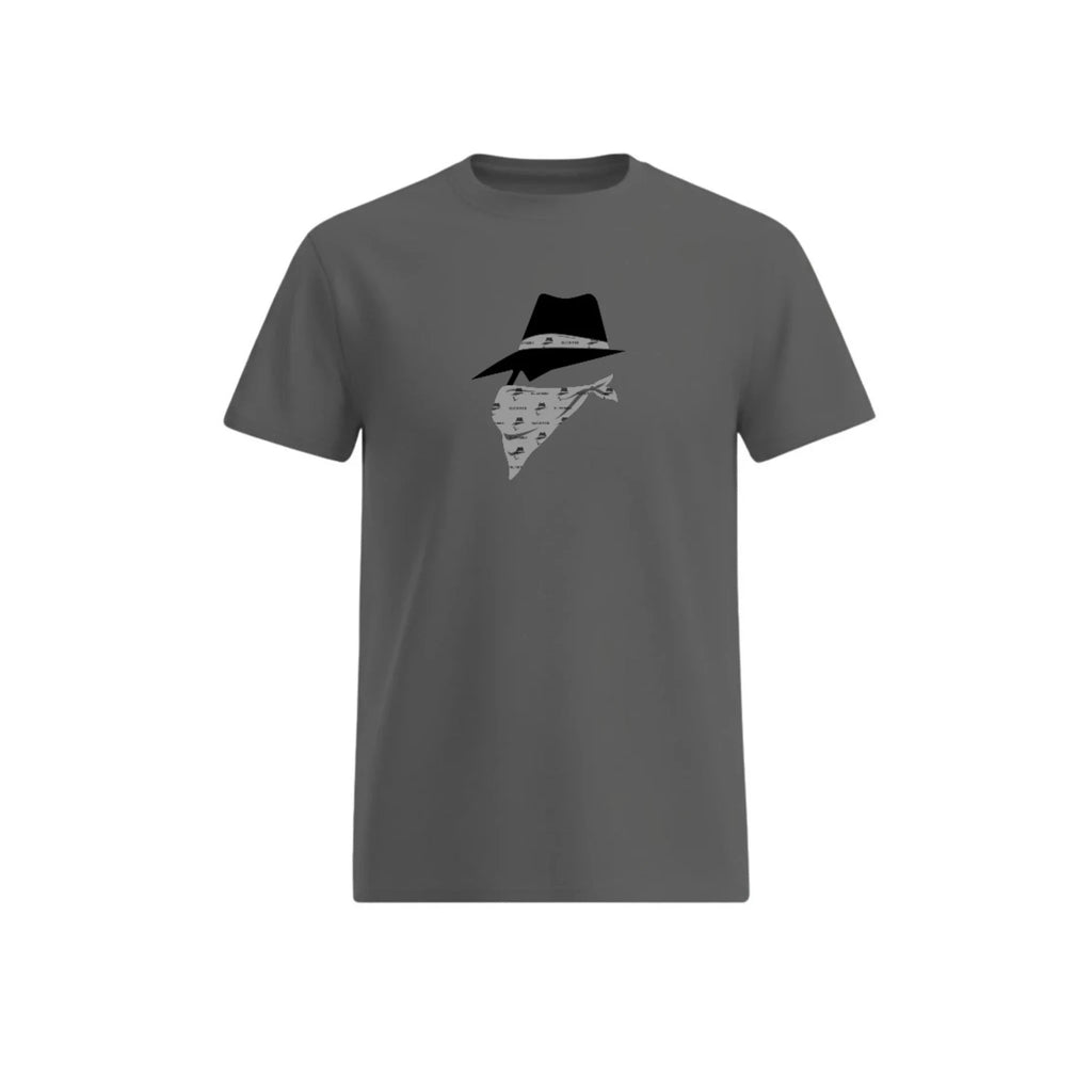 Gray t-shirt with a bandit design on a white background