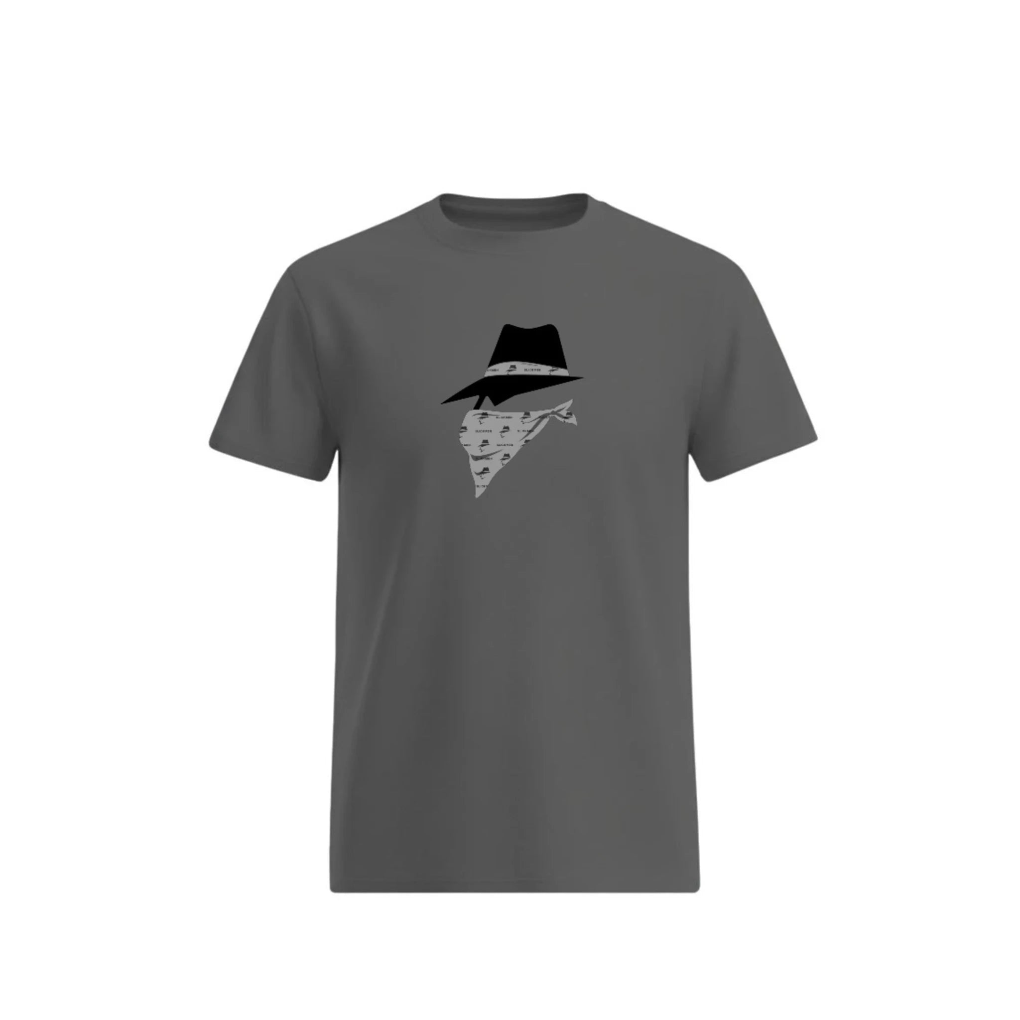 Gray t-shirt with a bandit design on a white background