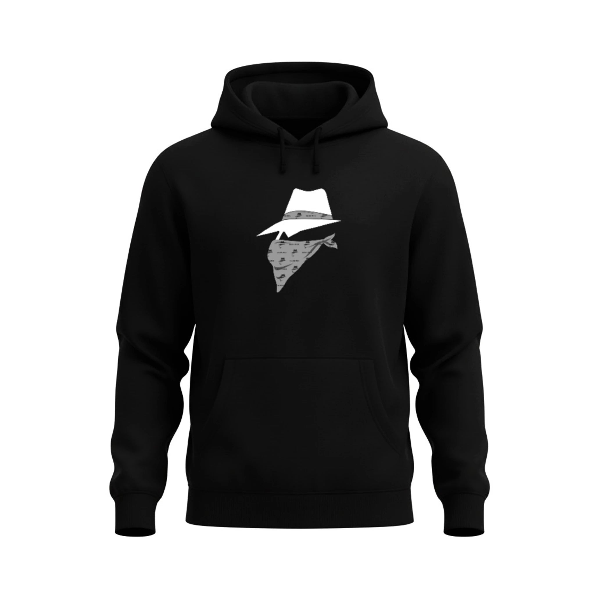 Black hoodie with a bandit design on a white background