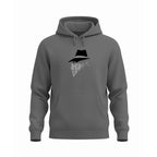Gray hoodie with a bandit design on a white background