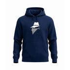 Navy blue hoodie with a bandit design on a white background