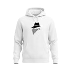 White hoodie with a bandit design on a white background