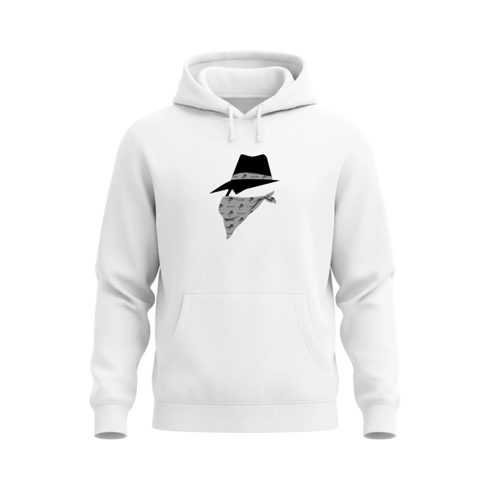 White hoodie with a bandit design on a white background