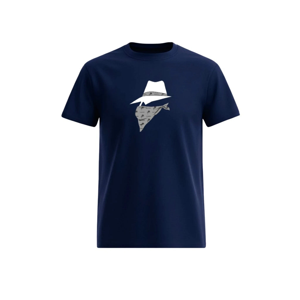 Navy blue t-shirt with a bandit design on a white background