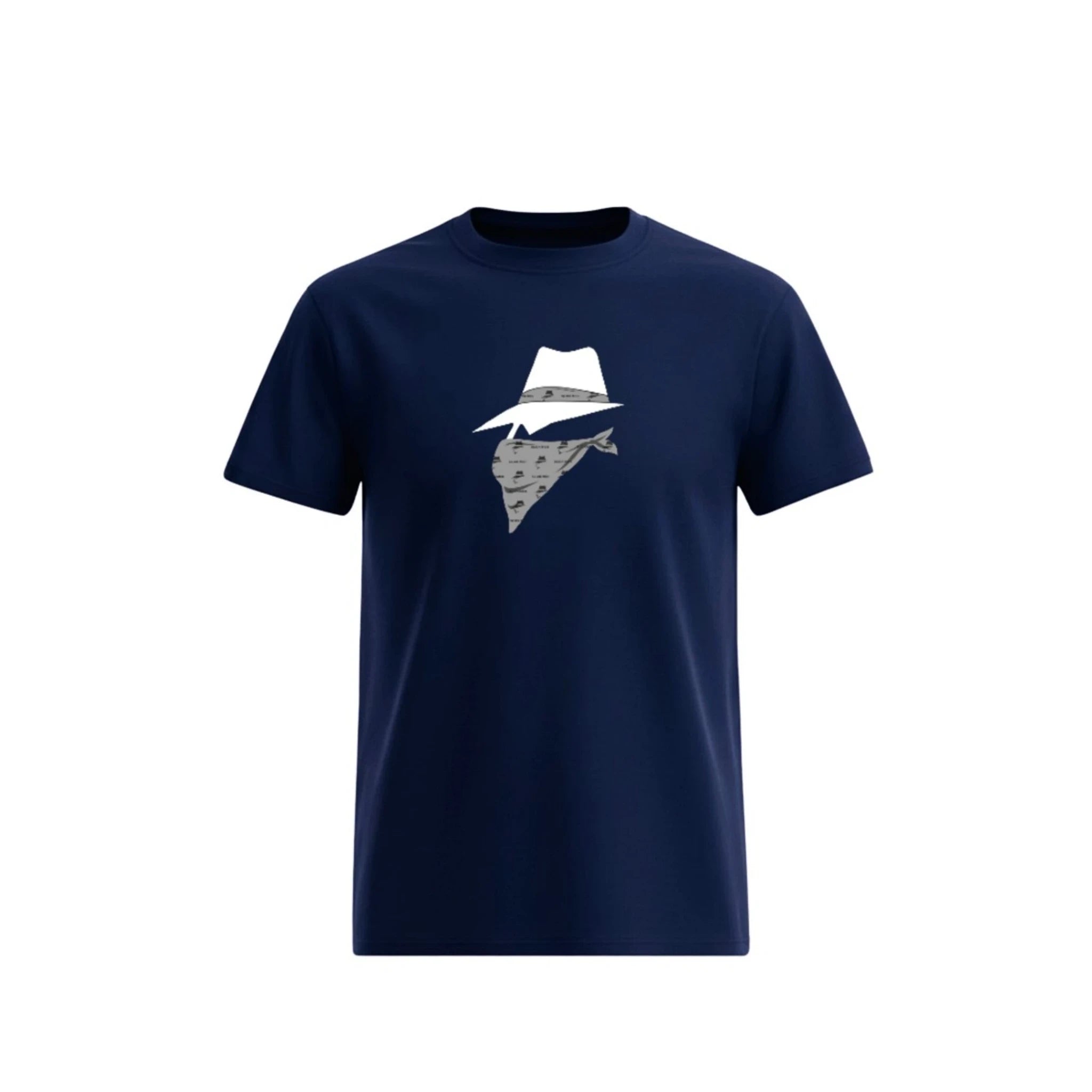 Navy blue t-shirt with a bandit design on a white background