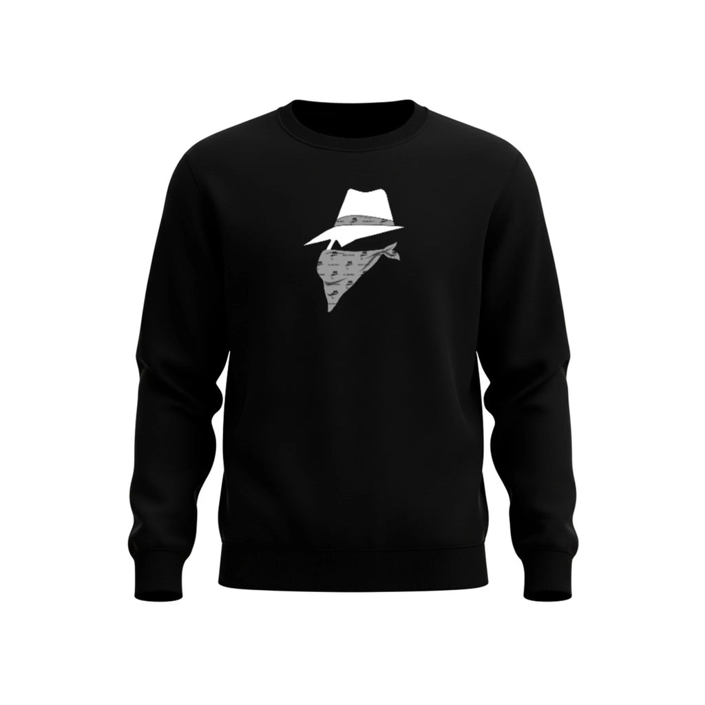 Black sweatshirt with a bandit design on a white background
