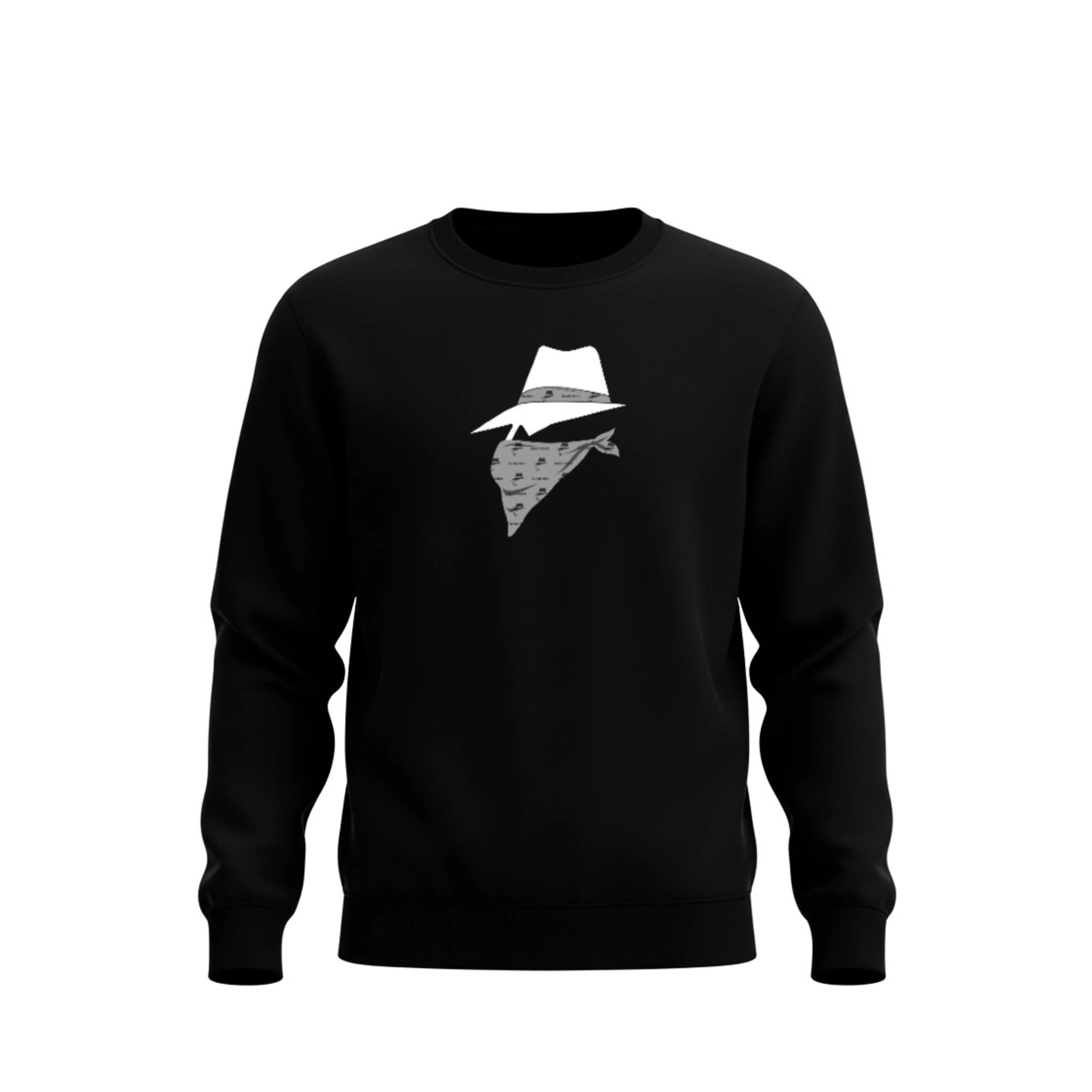 Black sweatshirt with a bandit design on a white background