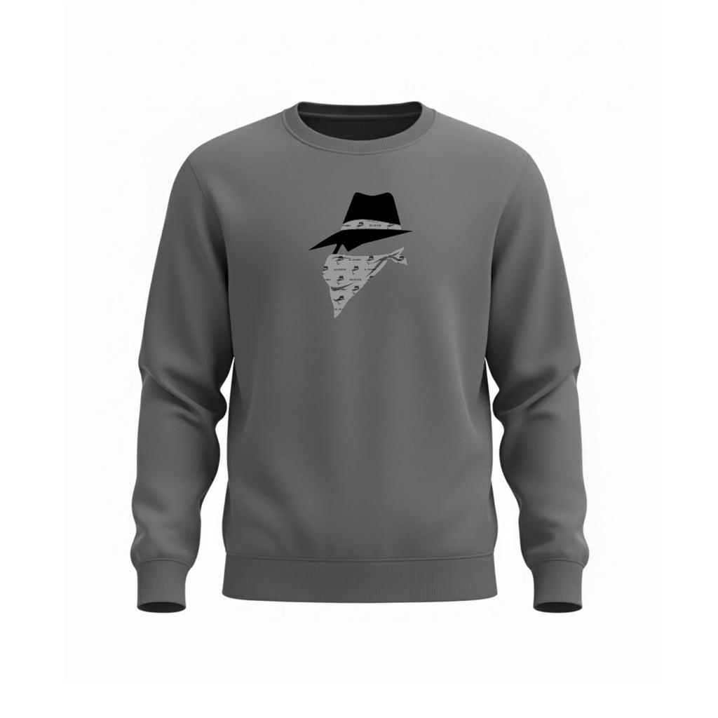 Gray sweatshirt with a bandit design on a white background