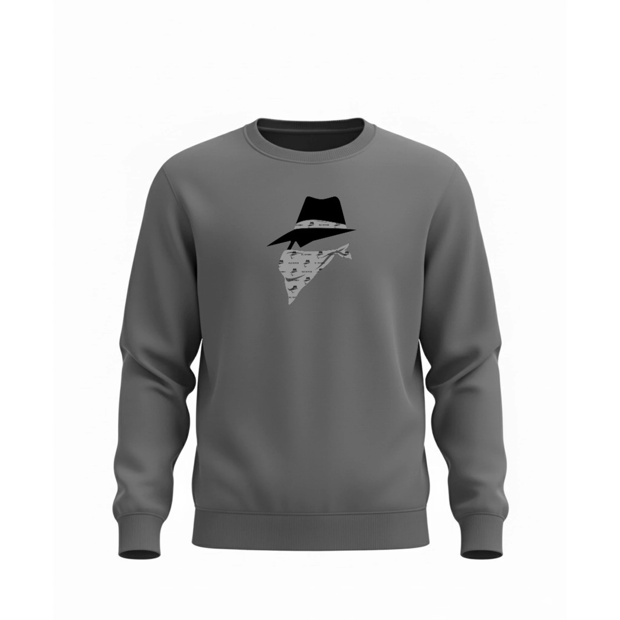 Gray sweatshirt with a bandit design on a white background