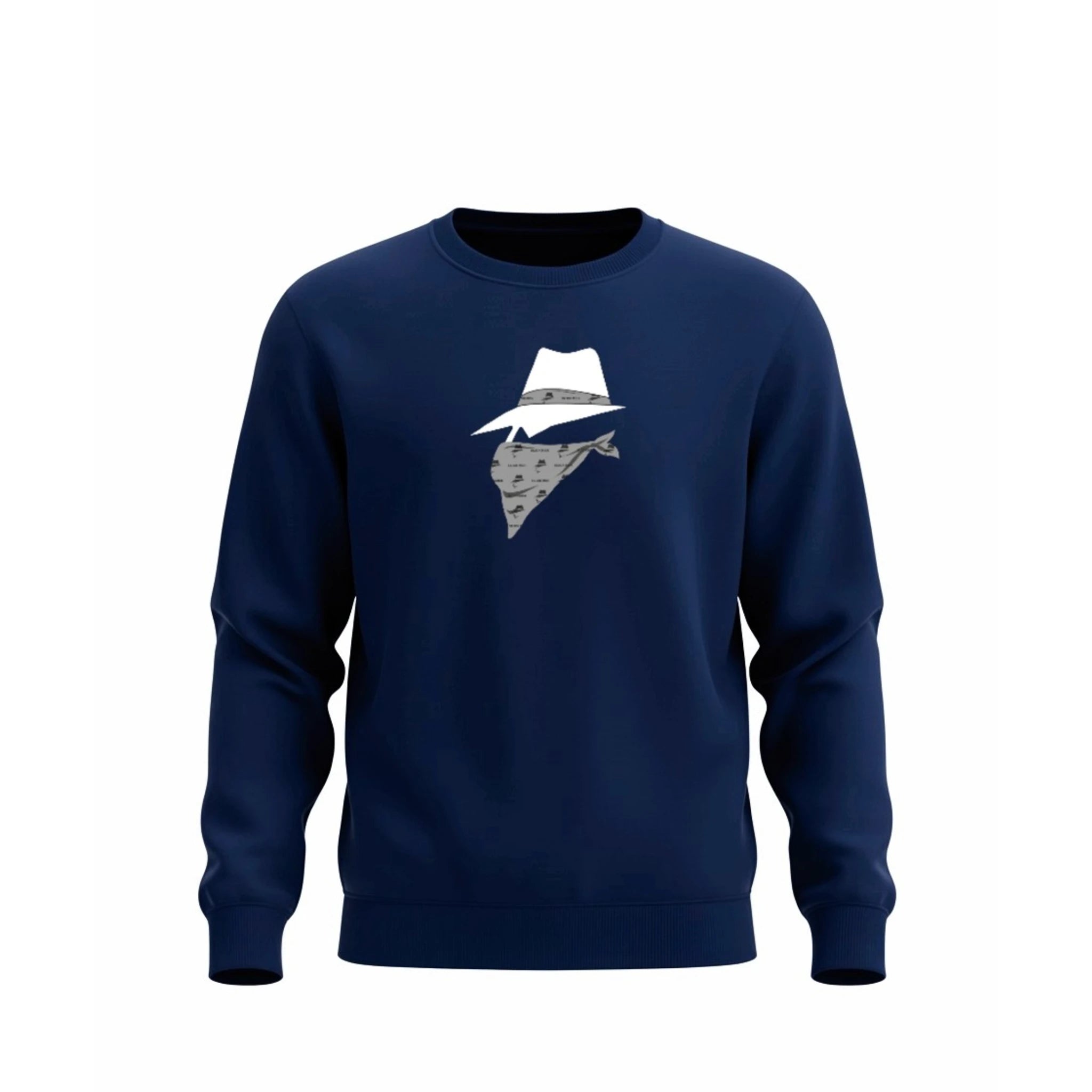 Navy blue sweatshirt with a bandit design on a white background