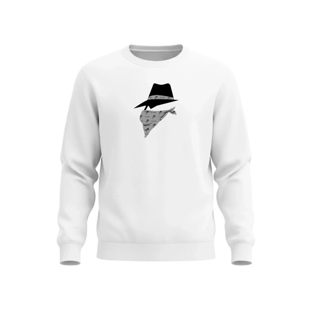 White sweatshirt with a bandit design on a white background