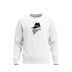 White sweatshirt with a black hat bandit design on a white background