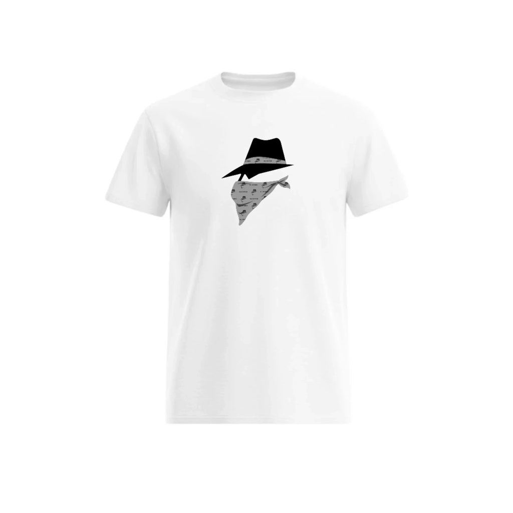 White t-shirt with a bandit design on a white background