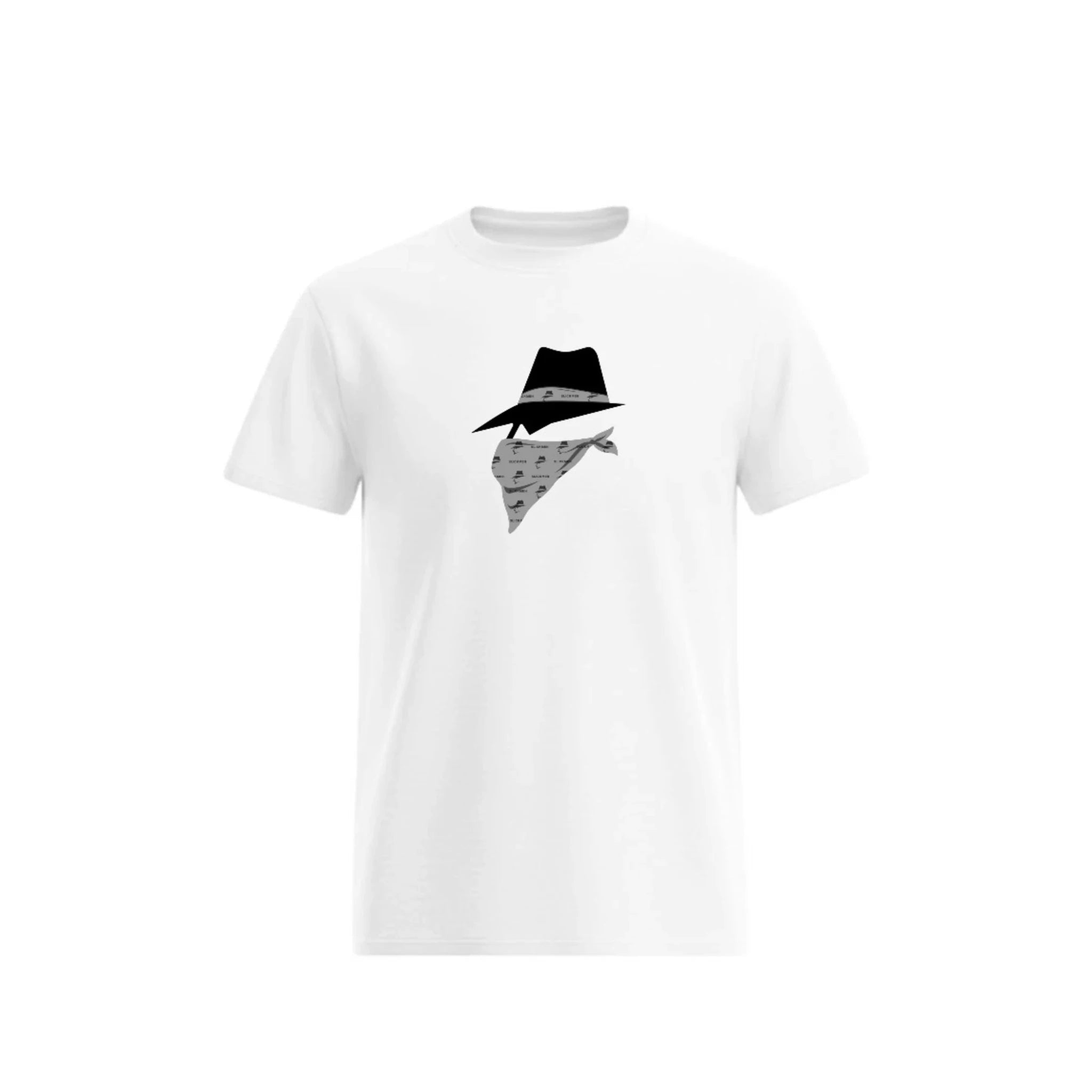 White t-shirt with a bandit design on a white background