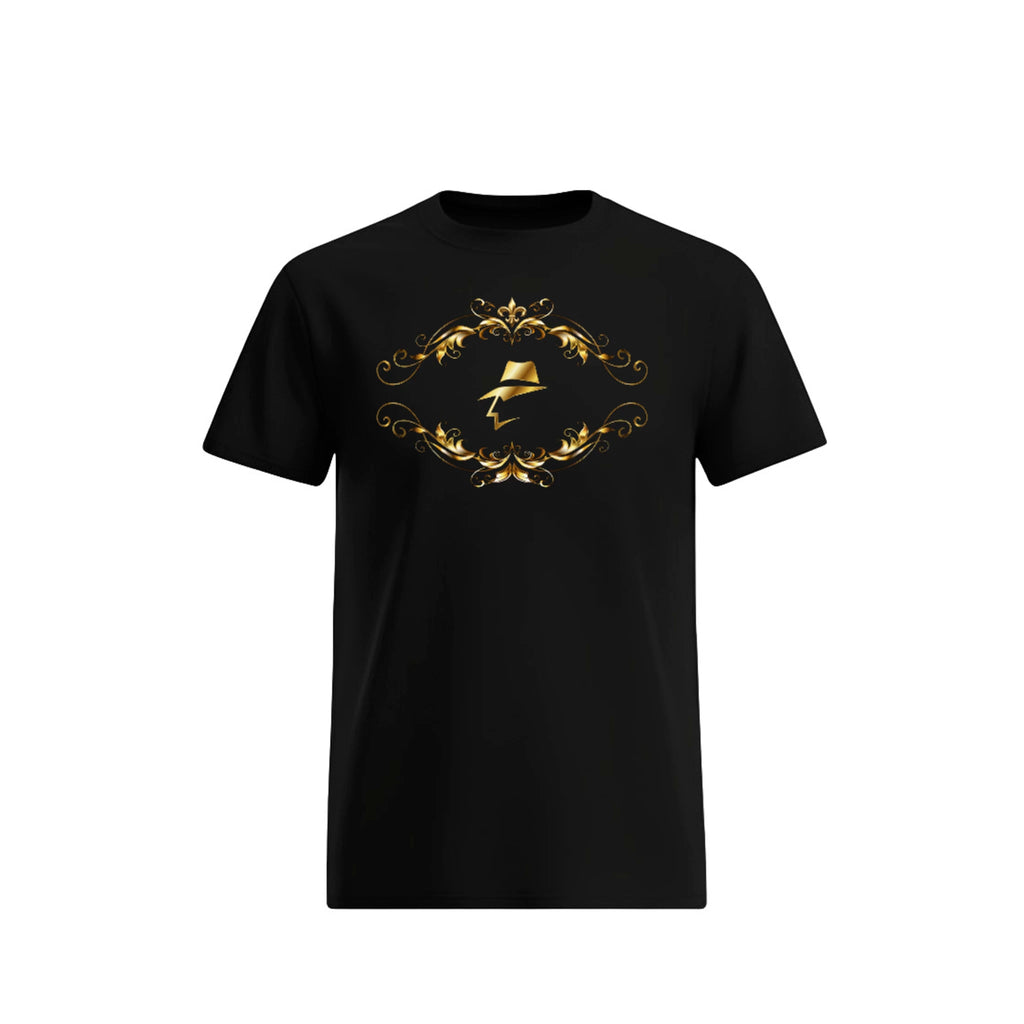 Black t-shirt with gold decorative design on a white background