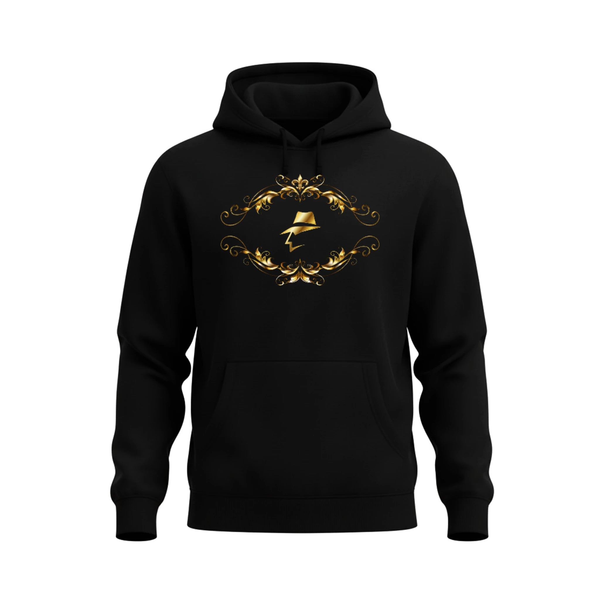 Black hoodie with gold decorative design on a white background