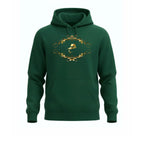 Royal Green hoodie with gold design on a white background