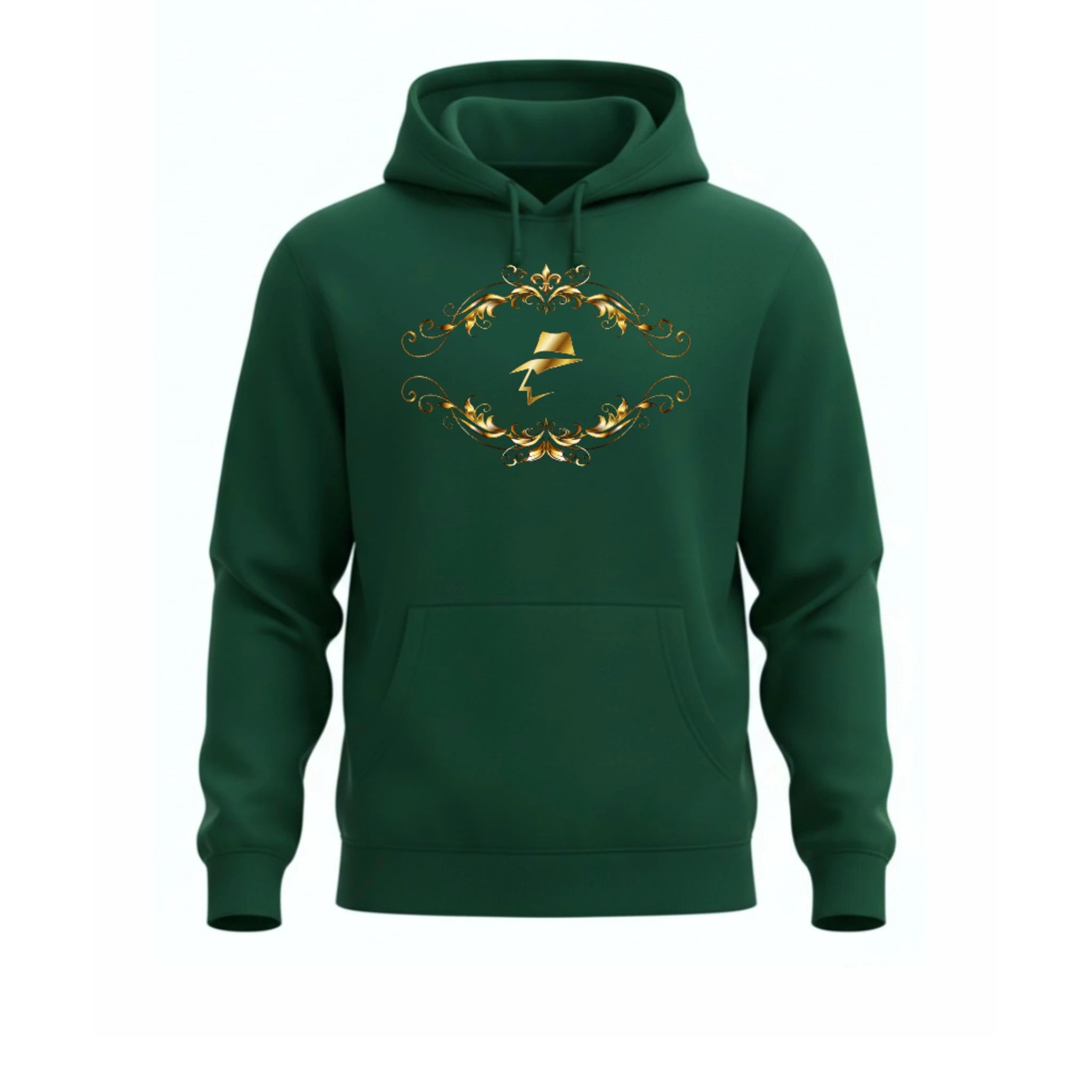 Royal Green hoodie with gold design on a white background
