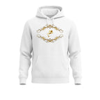 White hoodie with gold decorative design on a white background