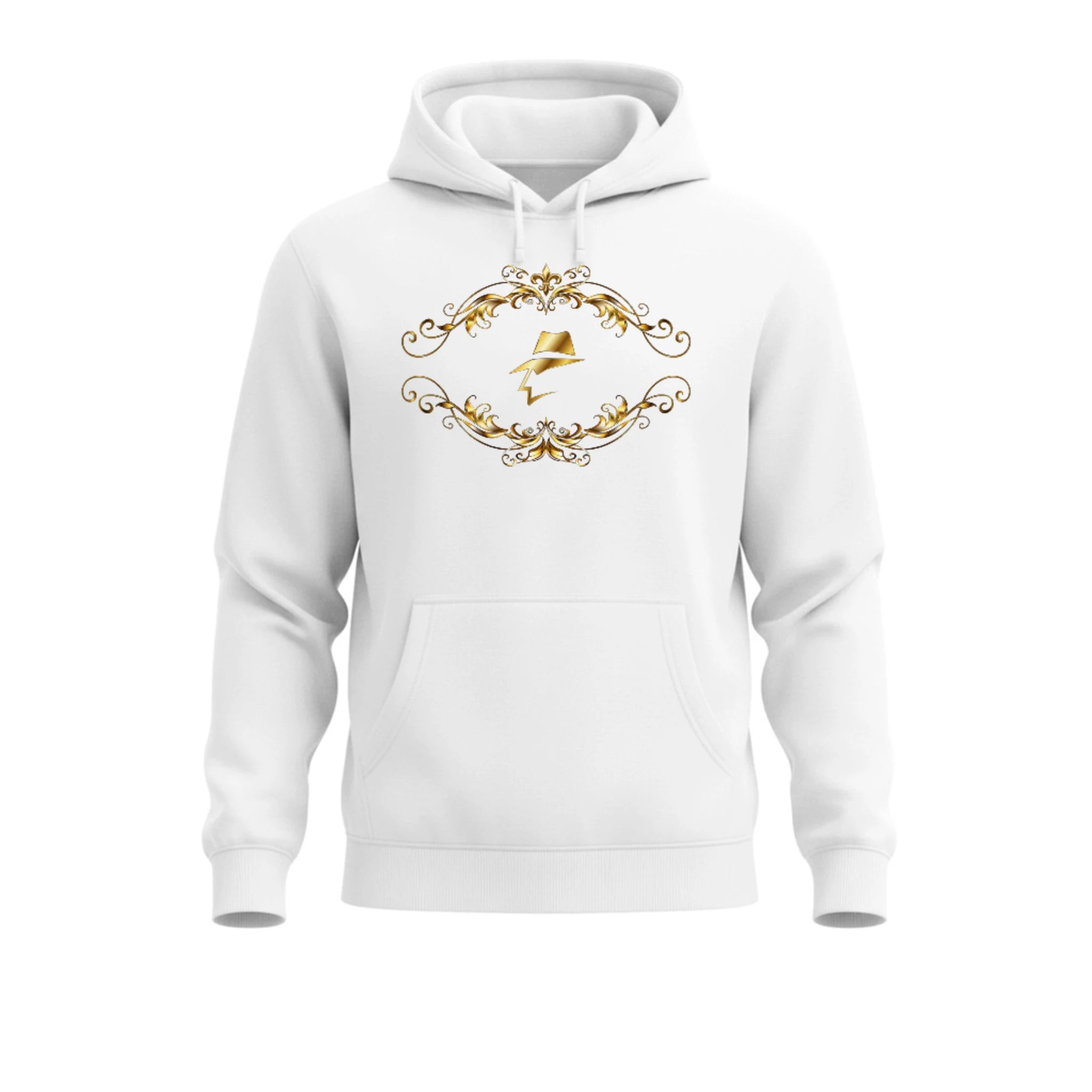 White hoodie with gold decorative design on a white background